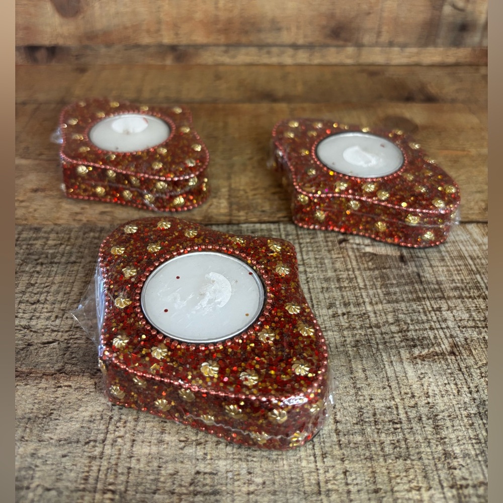 RARE! NEW PIER 1 RED GLITTER BEADS & SEQUINS VOTIVE TEA LIGHT 4" SET OF 3